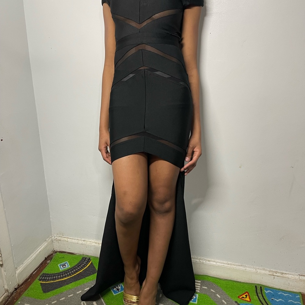 Description: *MARTINEZ BLACK MESH STRIPES
BANDAGE HI-LO Dress. Size: Medium